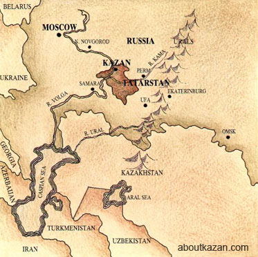 Kazan city and Tatarstan republic on Russia map